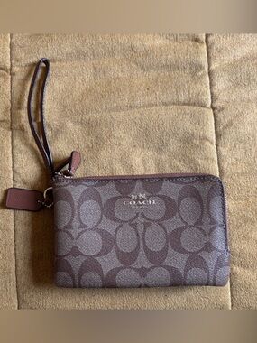 Coach Brown Signature Canvas Wristlet with Leather Strap